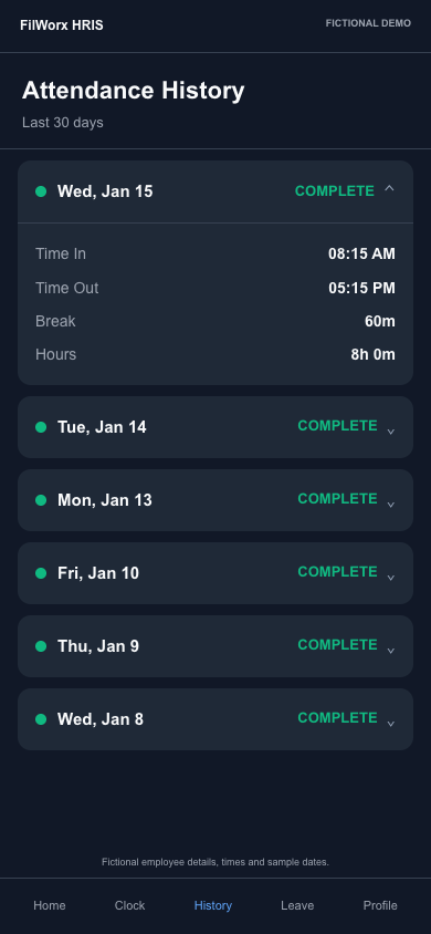 Employee attendance history. Fictional demo data.