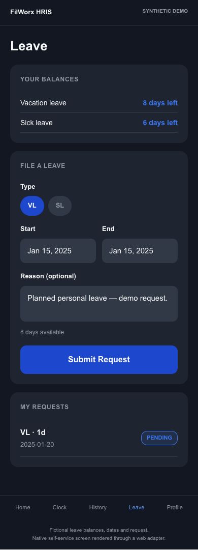 Employee self-service — leave balances and requests. Fictional demo data.